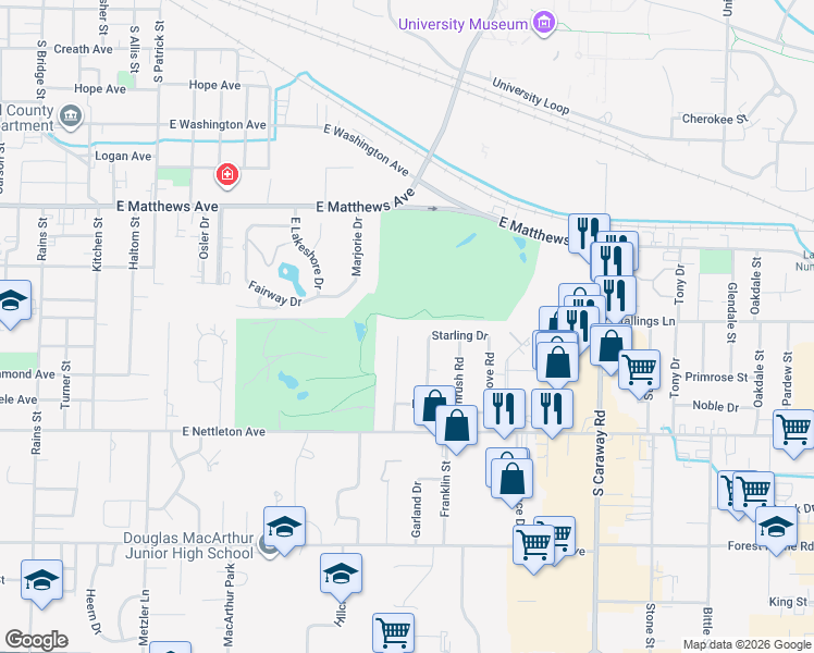 map of restaurants, bars, coffee shops, grocery stores, and more near 1100 Robin Road in Jonesboro