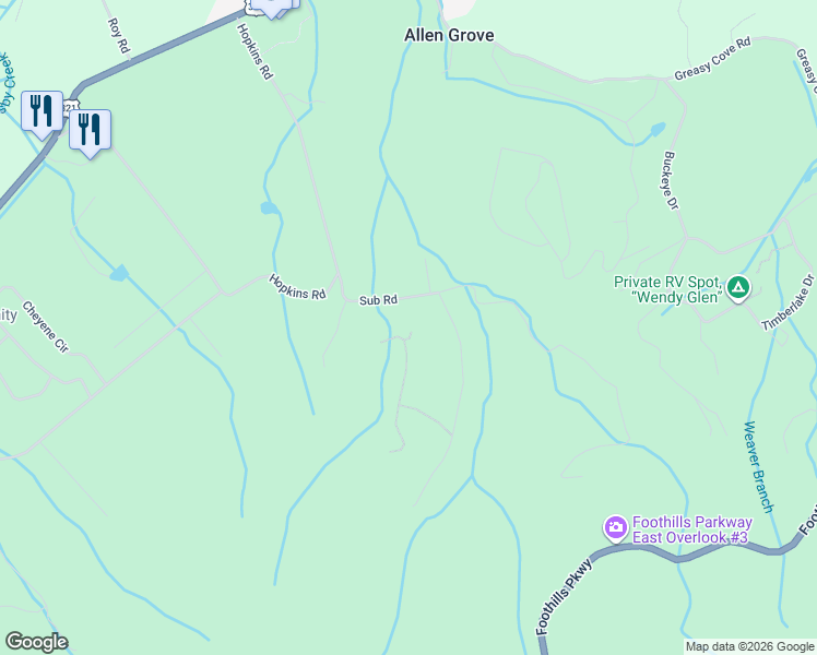 map of restaurants, bars, coffee shops, grocery stores, and more near 3360 Laurelwood Way in Cosby