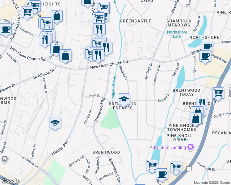 map of restaurants, bars, coffee shops, grocery stores, and more near 3316 Heritage Place in Raleigh