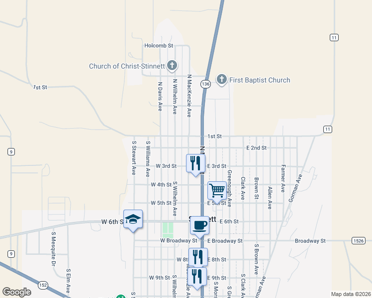map of restaurants, bars, coffee shops, grocery stores, and more near 200 West 2nd Street in Stinnett