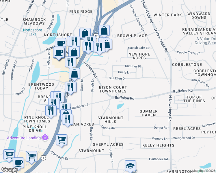map of restaurants, bars, coffee shops, grocery stores, and more near 3835 Bison Hill Lane in Raleigh