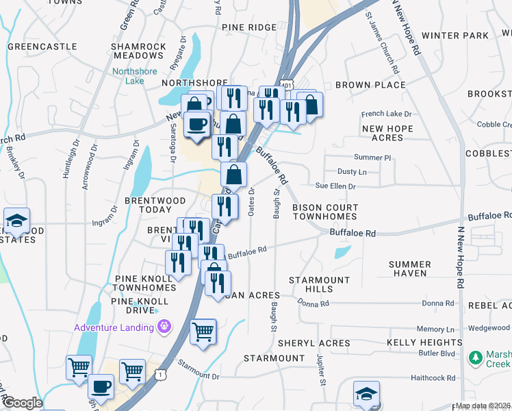 map of restaurants, bars, coffee shops, grocery stores, and more near 3620 Oates Drive in Raleigh