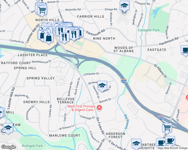 map of restaurants, bars, coffee shops, grocery stores, and more near 3749 Jamestown Circle in Raleigh