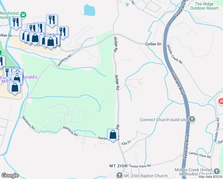 map of restaurants, bars, coffee shops, grocery stores, and more near 1579-1583 Ridge Road in Sevierville