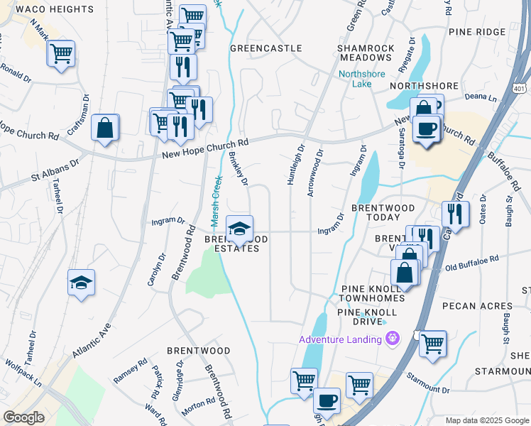 map of restaurants, bars, coffee shops, grocery stores, and more near 3613 Allendale Drive in Raleigh