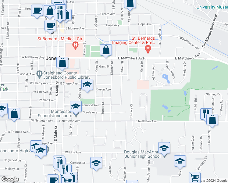 map of restaurants, bars, coffee shops, grocery stores, and more near 1106 Kitchen Street in Jonesboro