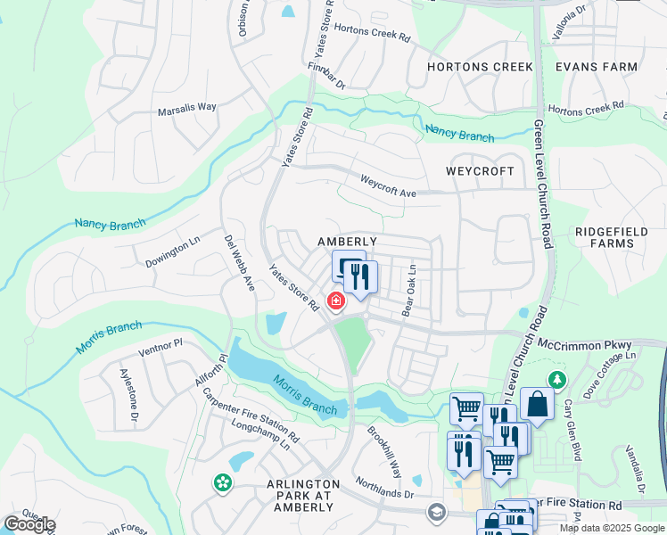 map of restaurants, bars, coffee shops, grocery stores, and more near 609 Balsam Fir Drive in Cary
