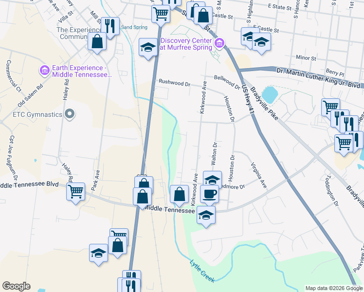 map of restaurants, bars, coffee shops, grocery stores, and more near 1026 Glaze Court in Murfreesboro
