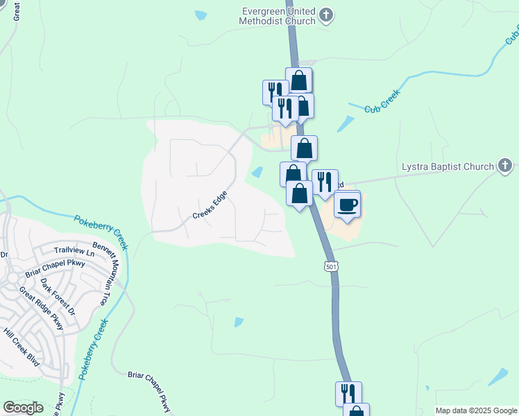 map of restaurants, bars, coffee shops, grocery stores, and more near 111 Hidden Valley Drive in Chapel Hill