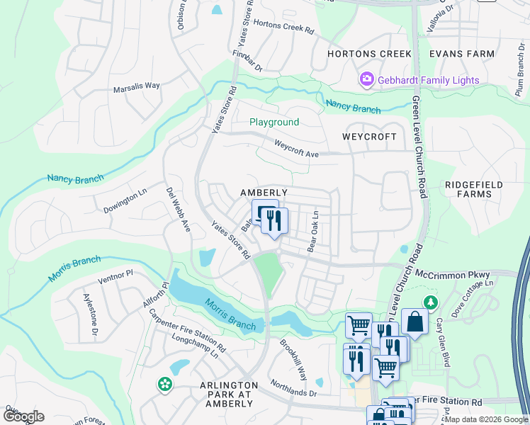 map of restaurants, bars, coffee shops, grocery stores, and more near 609 Balsam Fir Drive in Cary