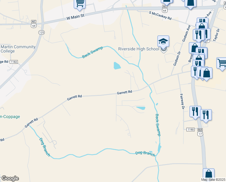 map of restaurants, bars, coffee shops, grocery stores, and more near 1766 Garrett Road in Williamston