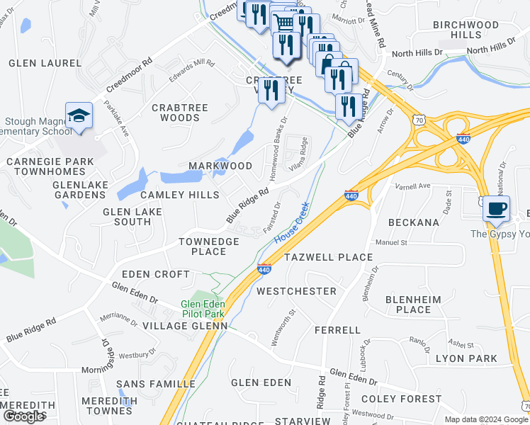 map of restaurants, bars, coffee shops, grocery stores, and more near 3830 Blue Ridge Road in Raleigh