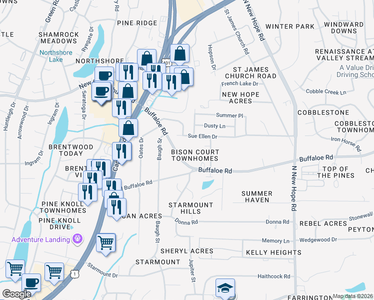 map of restaurants, bars, coffee shops, grocery stores, and more near 3835 Bison Hill Lane in Raleigh