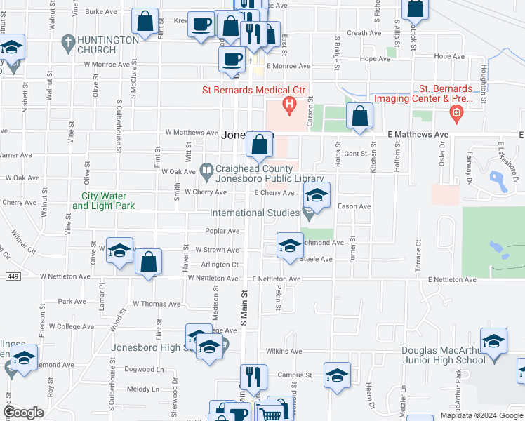 map of restaurants, bars, coffee shops, grocery stores, and more near 1212 South Church Street in Jonesboro