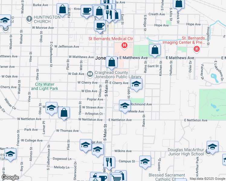 map of restaurants, bars, coffee shops, grocery stores, and more near 1212 South Church Street in Jonesboro