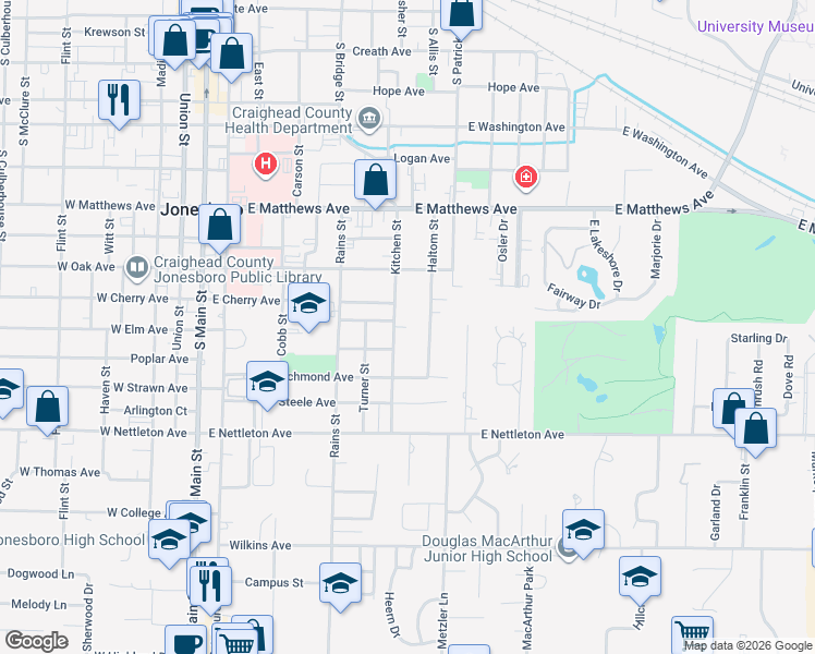 map of restaurants, bars, coffee shops, grocery stores, and more near 1106 Kitchen Street in Jonesboro