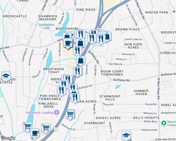 map of restaurants, bars, coffee shops, grocery stores, and more near 3620 Oates Drive in Raleigh