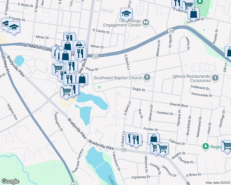 map of restaurants, bars, coffee shops, grocery stores, and more near 706 Riviera Drive in Murfreesboro