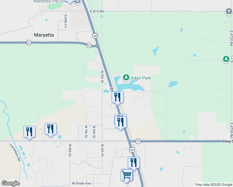 map of restaurants, bars, coffee shops, grocery stores, and more near 81901 U.S. 59 in Stilwell