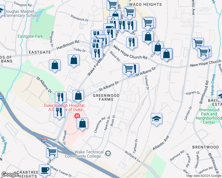 map of restaurants, bars, coffee shops, grocery stores, and more near 3404 Sioux Drive in Raleigh