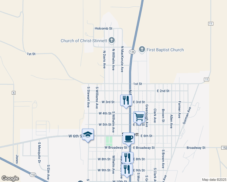 map of restaurants, bars, coffee shops, grocery stores, and more near West 2nd Street in Stinnett