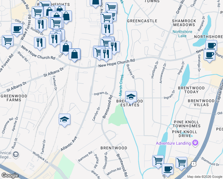 map of restaurants, bars, coffee shops, grocery stores, and more near 3609 Brentwood Road in Raleigh