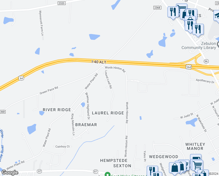 map of restaurants, bars, coffee shops, grocery stores, and more near 1221 Pampass Trail in Zebulon