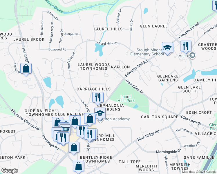 map of restaurants, bars, coffee shops, grocery stores, and more near 3514 Carriage Drive in Raleigh