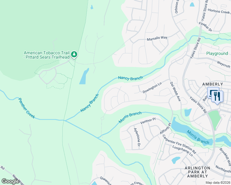 map of restaurants, bars, coffee shops, grocery stores, and more near 513 Corrigan Way in Cary
