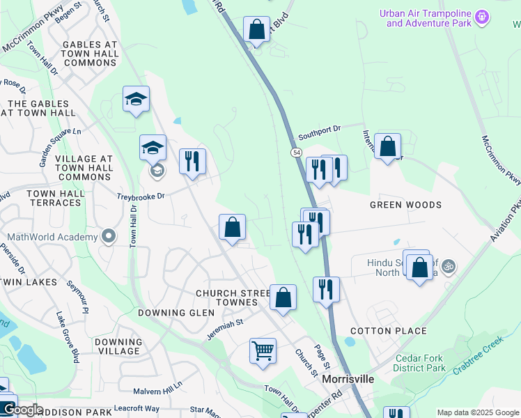 map of restaurants, bars, coffee shops, grocery stores, and more near 1024 Yatesbury Place in Morrisville