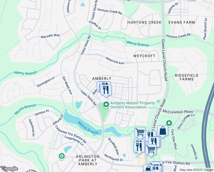 map of restaurants, bars, coffee shops, grocery stores, and more near 627 Balsam Fir Drive in Cary