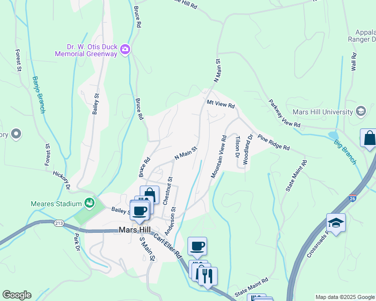 map of restaurants, bars, coffee shops, grocery stores, and more near 455 North Main Street in Mars Hill