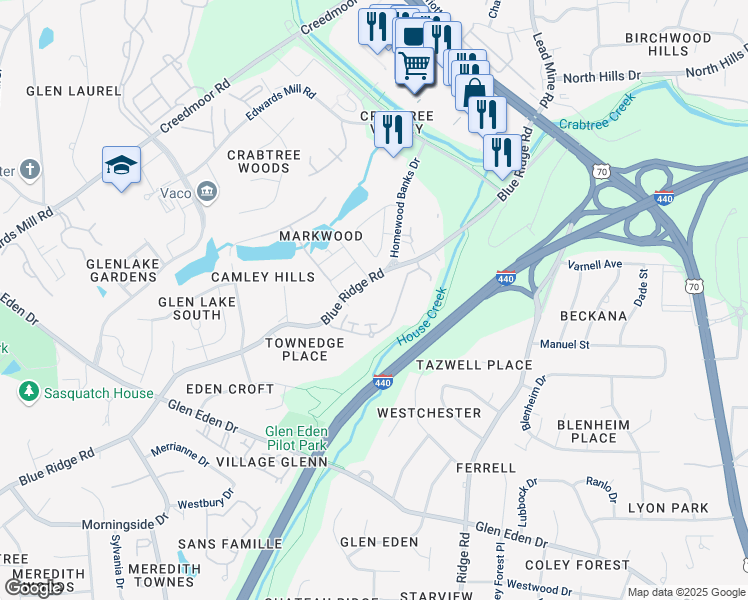 map of restaurants, bars, coffee shops, grocery stores, and more near 3830 Blue Ridge Road in Raleigh