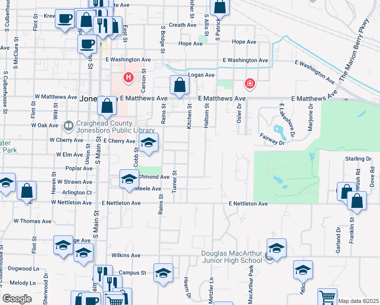 map of restaurants, bars, coffee shops, grocery stores, and more near 1106 Kitchen Street in Jonesboro