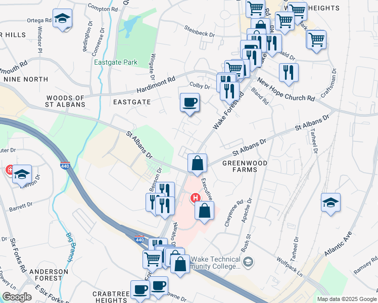 map of restaurants, bars, coffee shops, grocery stores, and more near 3531 Wake Forest Road in Raleigh