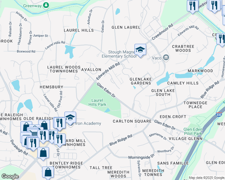 map of restaurants, bars, coffee shops, grocery stores, and more near 3216 Quiet Mill Road in Raleigh
