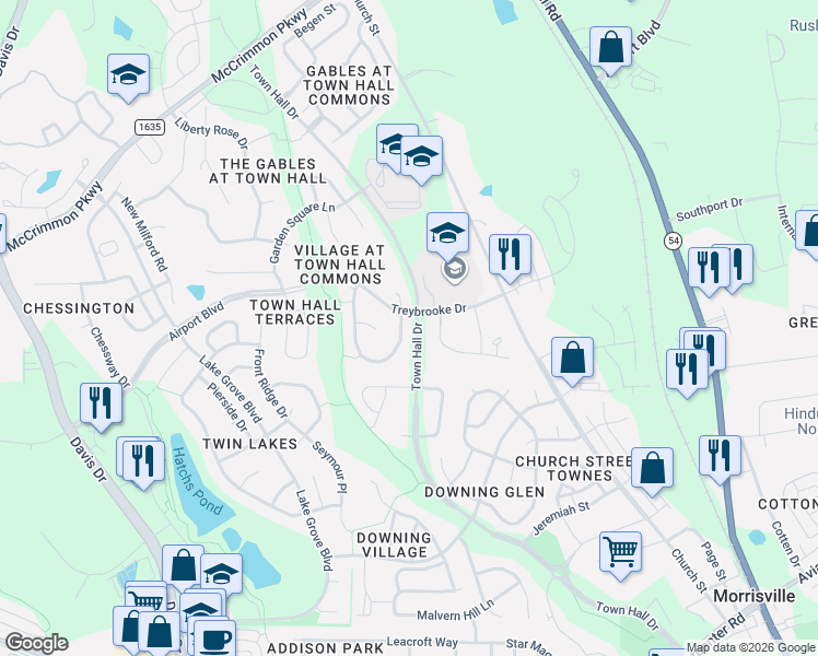 map of restaurants, bars, coffee shops, grocery stores, and more near 9014 Rambling Hills Drive in Morrisville