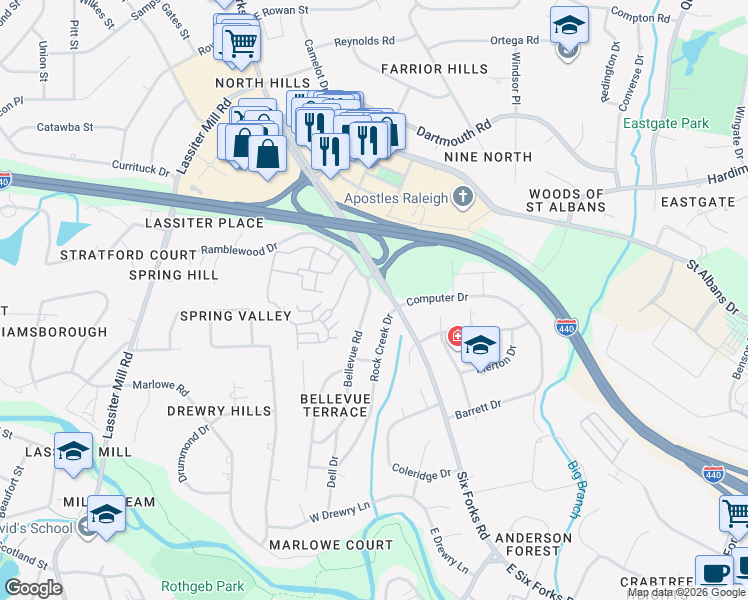 map of restaurants, bars, coffee shops, grocery stores, and more near 3724 Bellevue Road in Raleigh
