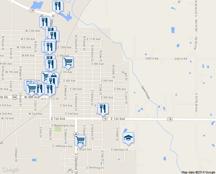 map of restaurants, bars, coffee shops, grocery stores, and more near 623 East 5th Avenue in Bristow