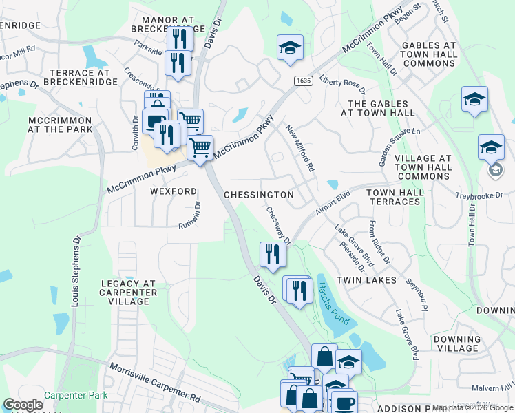 map of restaurants, bars, coffee shops, grocery stores, and more near 1004 Kelnor Court in Morrisville