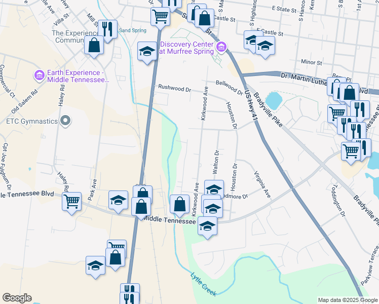 map of restaurants, bars, coffee shops, grocery stores, and more near 1025 Glaze Court in Murfreesboro