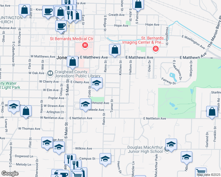 map of restaurants, bars, coffee shops, grocery stores, and more near 1101 Turner Street in Jonesboro