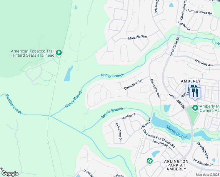 map of restaurants, bars, coffee shops, grocery stores, and more near 313 Beckingham Loop in Cary