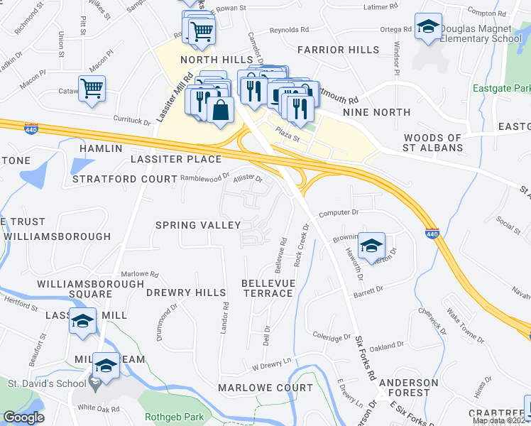 map of restaurants, bars, coffee shops, grocery stores, and more near 3623 Rolston Drive in Raleigh