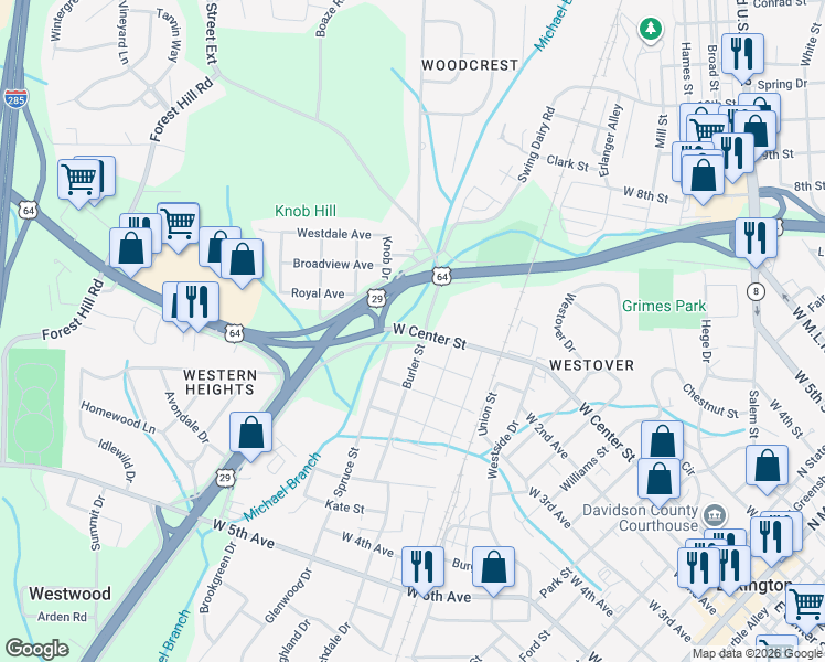 map of restaurants, bars, coffee shops, grocery stores, and more near 1049 West Center Street in Lexington