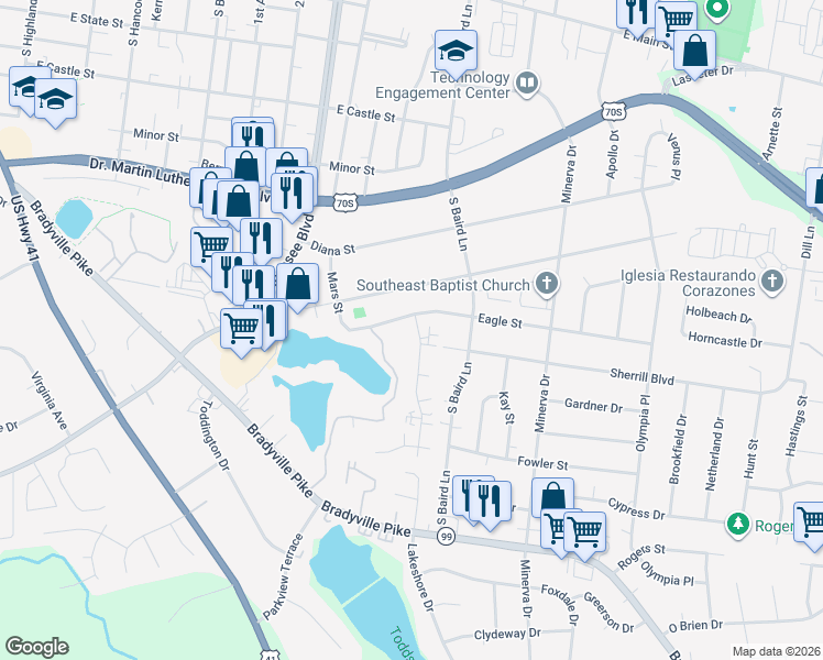 map of restaurants, bars, coffee shops, grocery stores, and more near 1326 Eagle Street in Murfreesboro