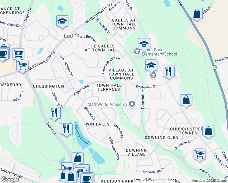map of restaurants, bars, coffee shops, grocery stores, and more near 1208 Garden Square Lane in Morrisville