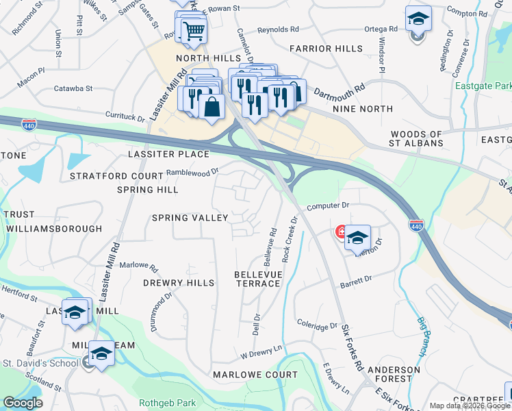 map of restaurants, bars, coffee shops, grocery stores, and more near 3623 Rolston Drive in Raleigh