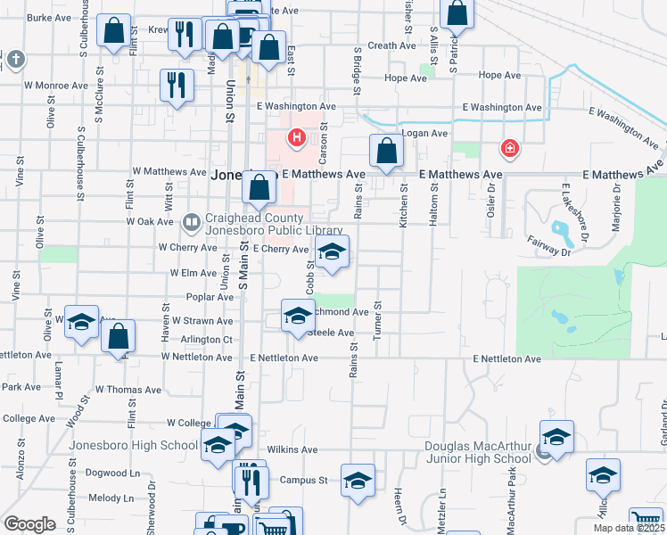 map of restaurants, bars, coffee shops, grocery stores, and more near 1109 Citizen Street in Jonesboro