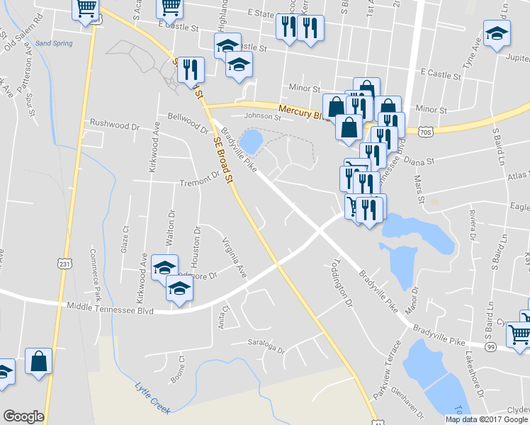 map of restaurants, bars, coffee shops, grocery stores, and more near 1027 Silver Point Drive in Murfreesboro